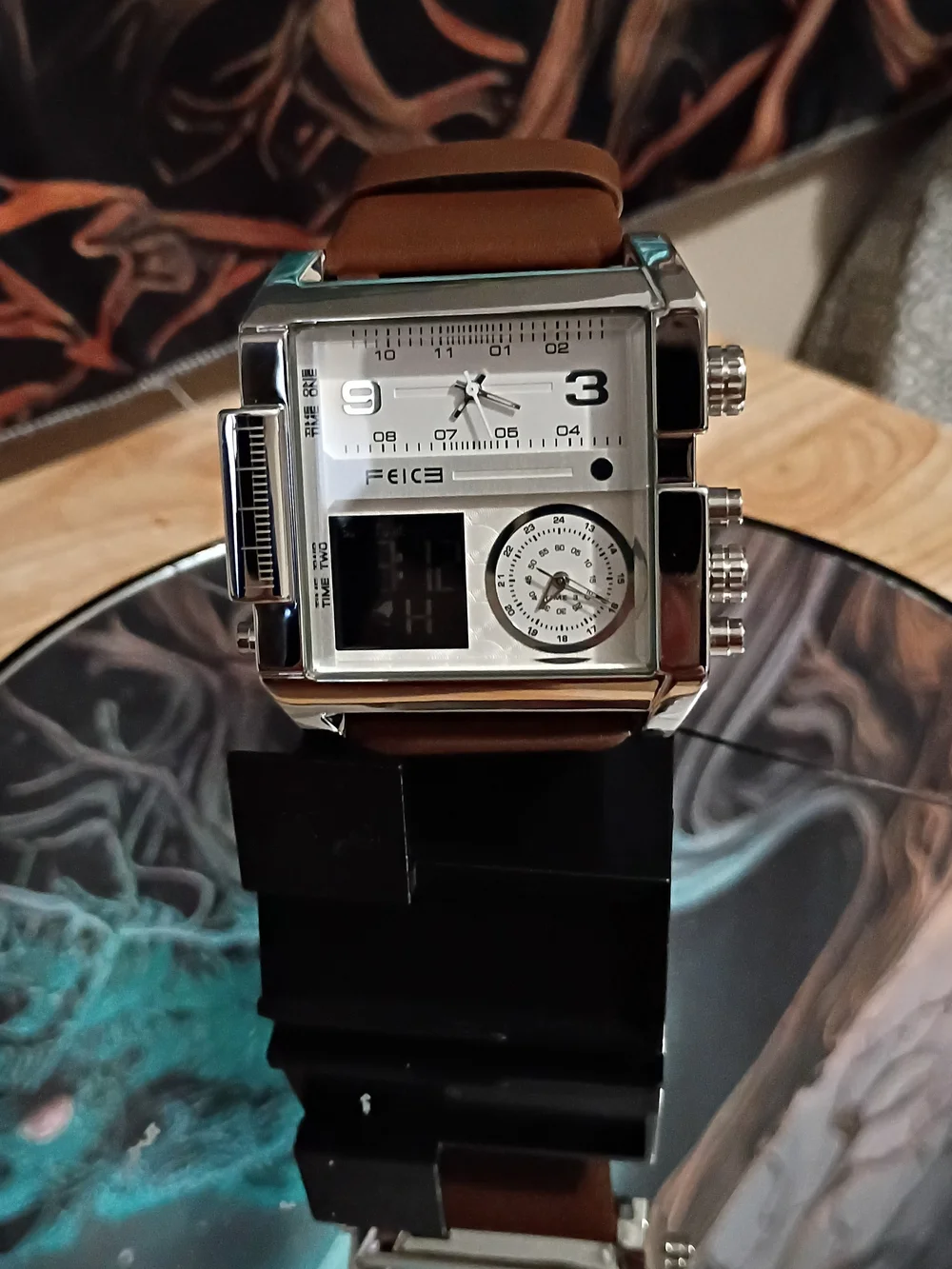 Ice Silver Dual-Display Men's Watch with Brown Leather Band